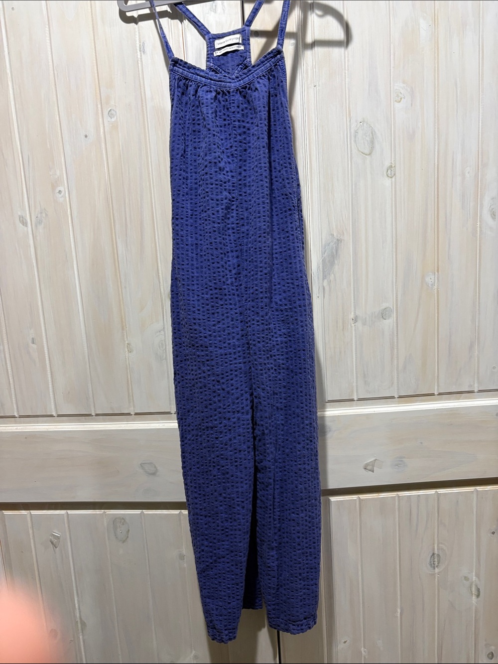 Urban Outfitters Navy Seersucker oTextured Strappy Jumpsuit
